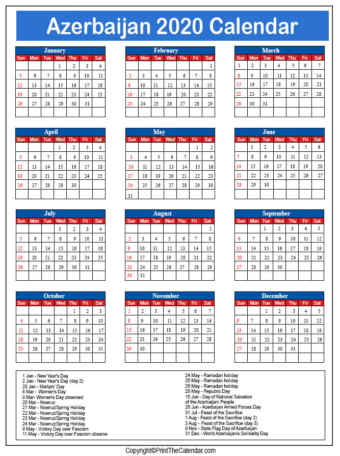 Azerbaijan Printable Calendar 2020